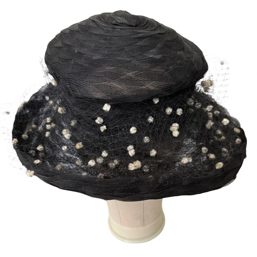 Vintage Eric Javits Black Mesh Birdcage Veil Hat with Cream Flower and Pom-Poms - Picture 5 of 8